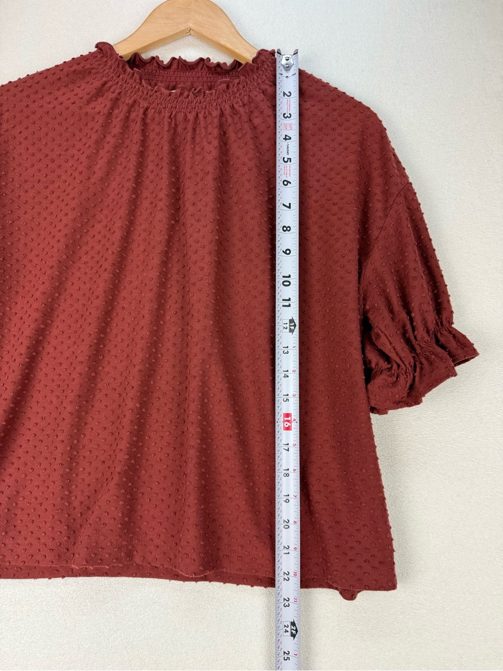 Madewell Texture and Thread Textured Ruffle Neck Top 1/2 Sleeve Rust - Picture 5 of 9